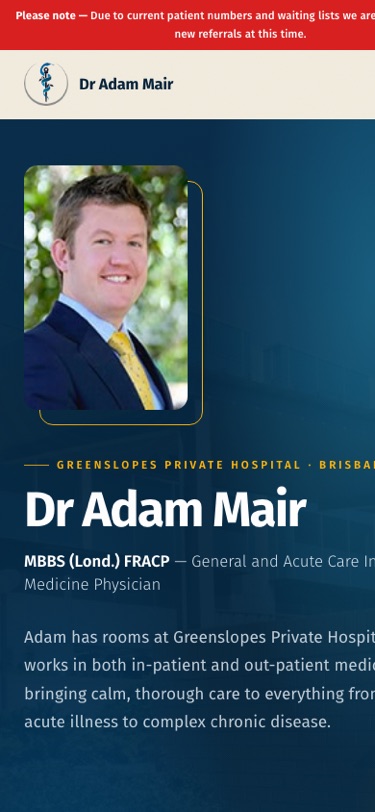 Dr Adam Mair mobile website built by Hooray Digital